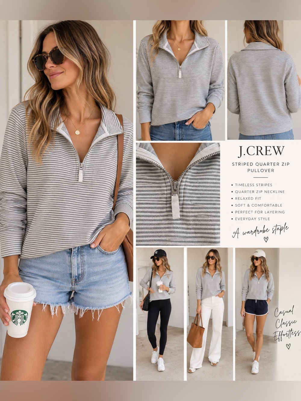 J.Crew Gray White Striped Quarter Zip Pullover Sweatshirt Size Small